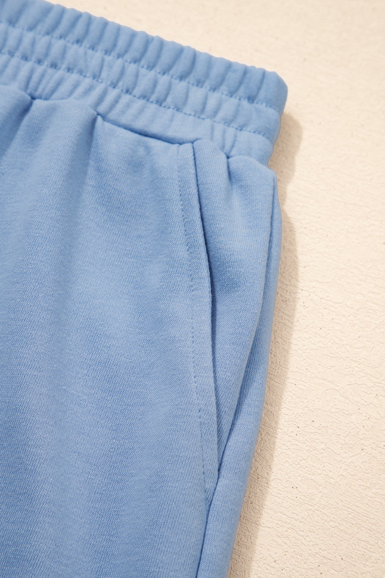 Sky Blue Solid Color Contrast Textured Patchwork Raw Edge 2pcs Short Set - Cowaa