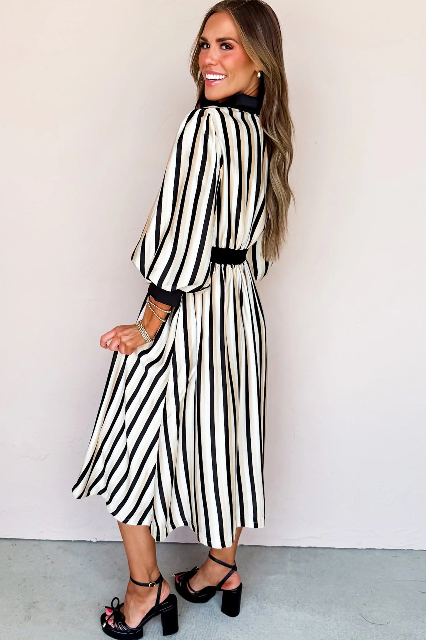 Black Stripe 3/4 Puff Sleeve Shirt Style Button Down Midi Dress - Cowaa