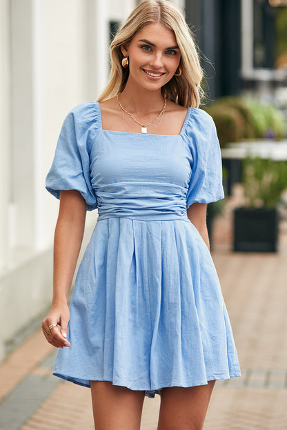 Sky Blue Square Neck Ruched Puff Sleeve Romper