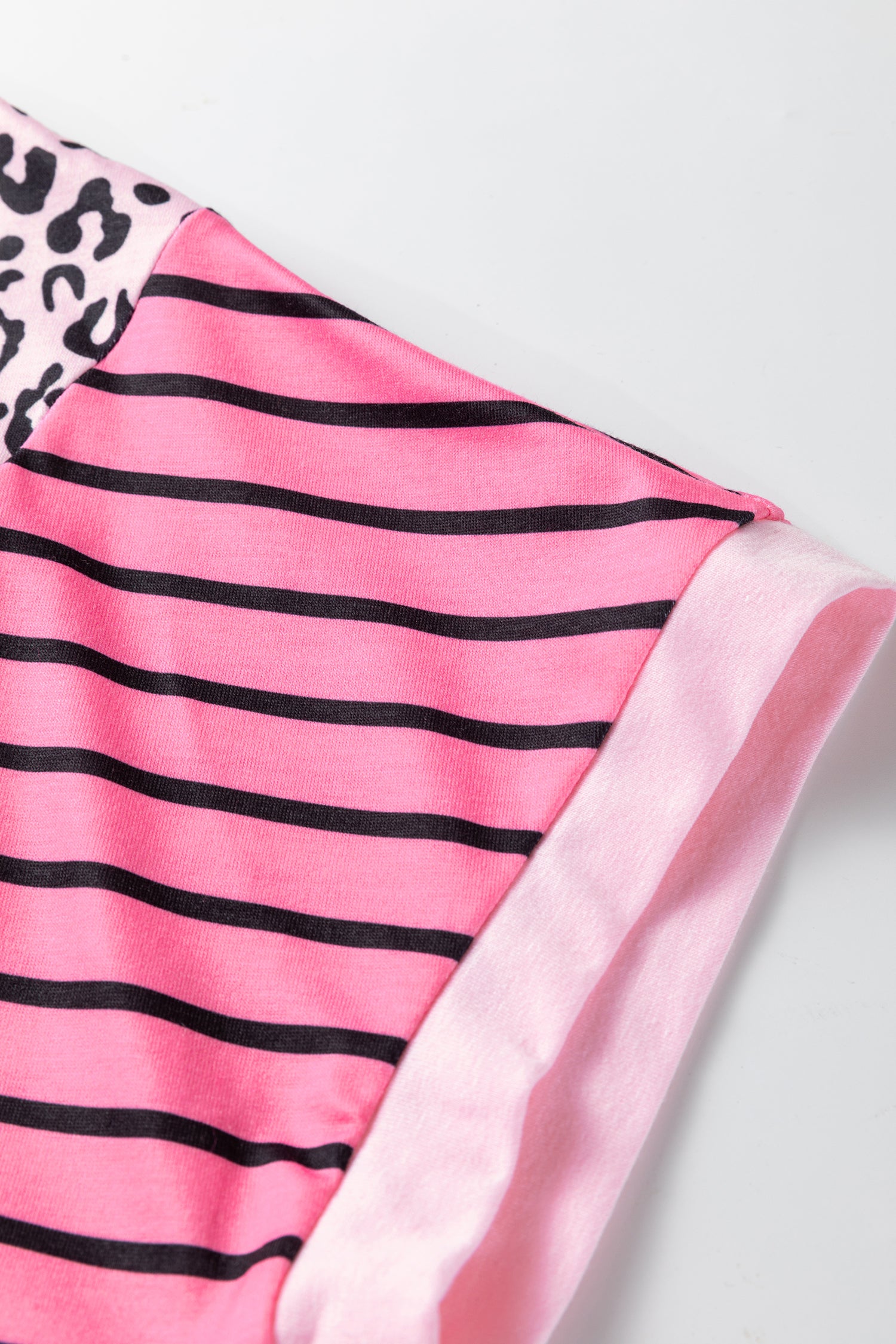 Pink Leopard Striped Patchwork Side Slit Loose Short Sleeve Top - Cowaa