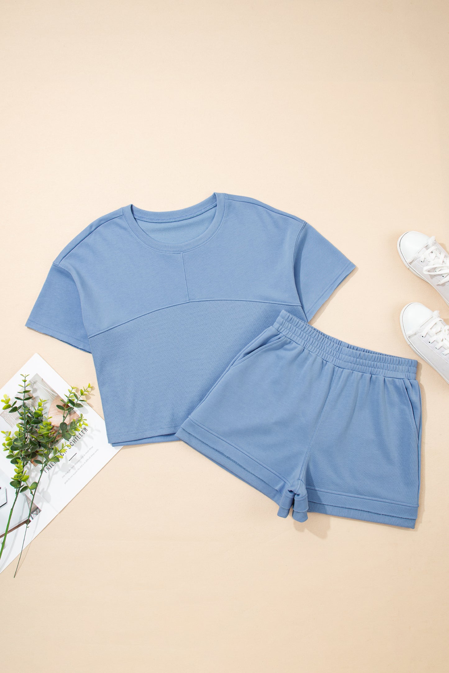 Sky Blue Solid Color Contrast Textured Patchwork Raw Edge 2pcs Short Set - Cowaa