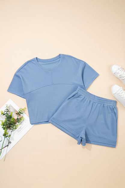 Sky Blue Solid Color Contrast Textured Patchwork Raw Edge 2pcs Short Set - Cowaa