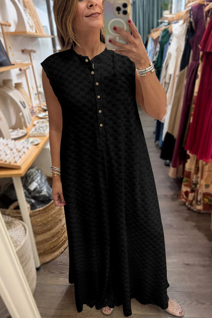 Black Half Buttons Sleeveless Wide Leg Textured Jumpsuit - Cowaa