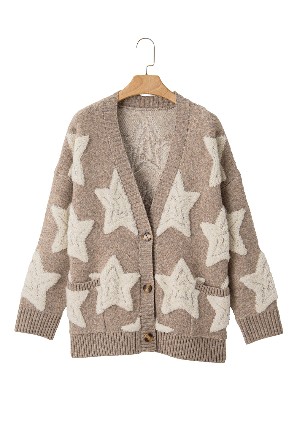 Khaki Star Pattern Pockets Button Front Cardigan - Cowaa