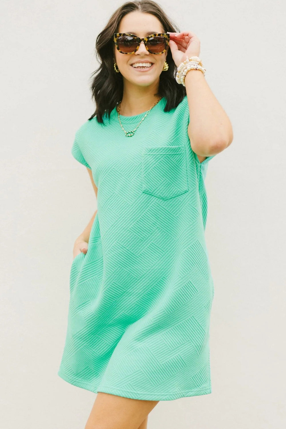 Mint Green Plain Textured Pocketed Mini Dress - Cowaa
