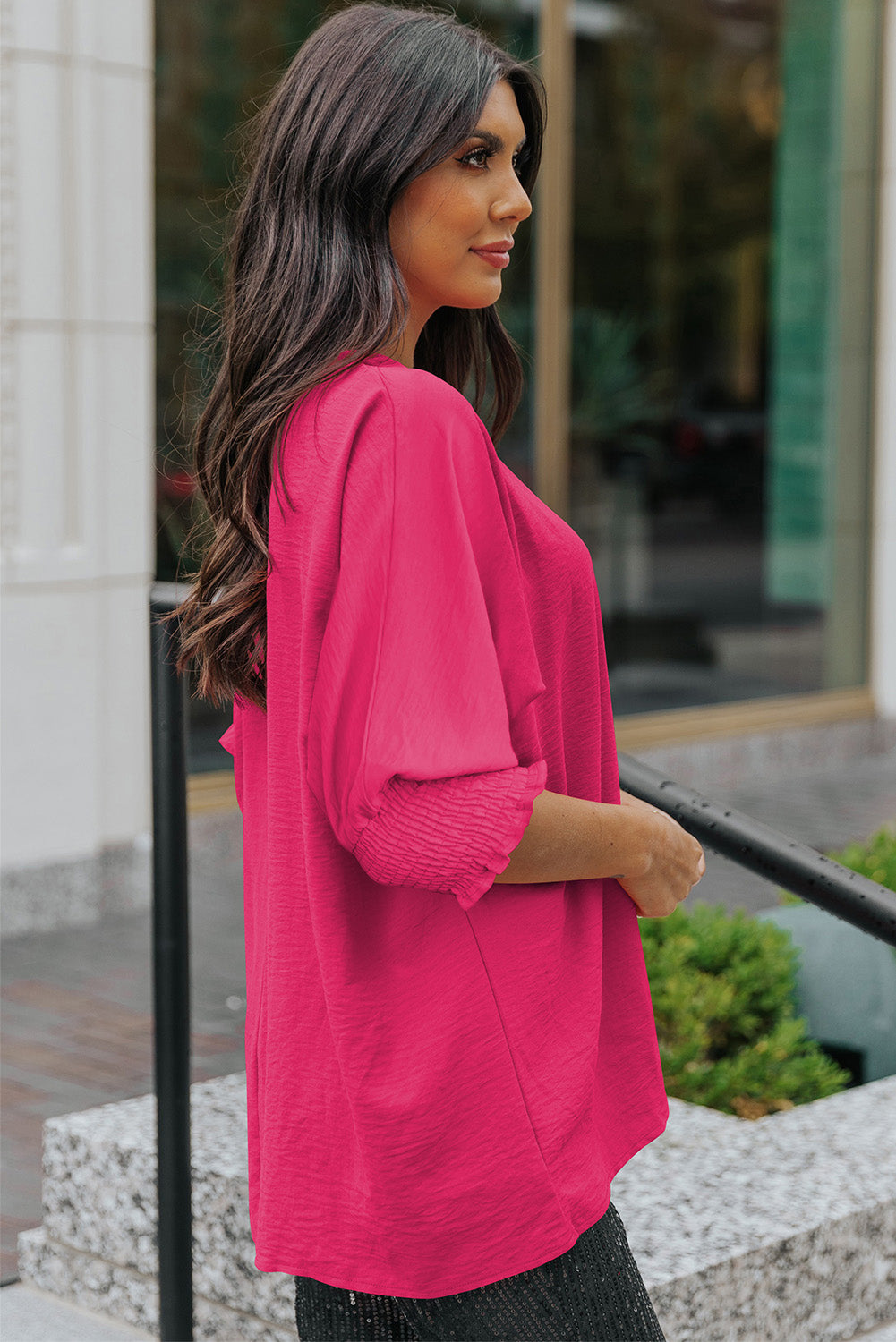 Apricot Solid Casual Smocked Cuffs Batwing Sleeve Blouse - Cowaa