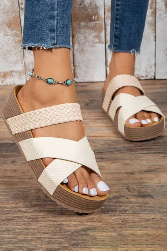 Beige Braided Detail Criss Cross Platform Sandals - Cowaa