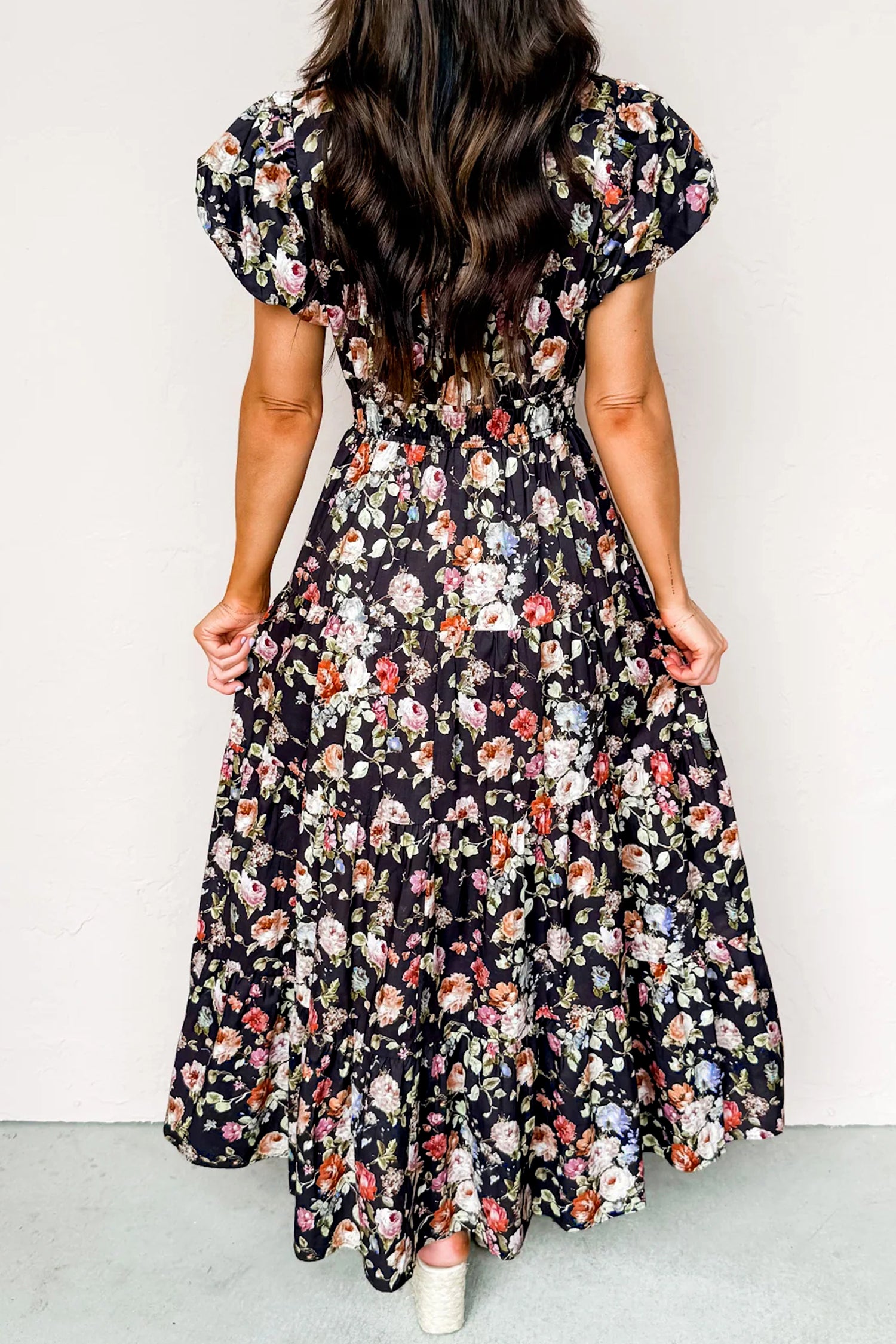 Black Floral Print V Neck Pleated Tiered Maxi Dress - Cowaa