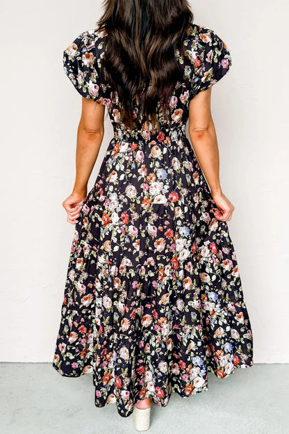Black Floral Print V Neck Pleated Tiered Maxi Dress - Cowaa
