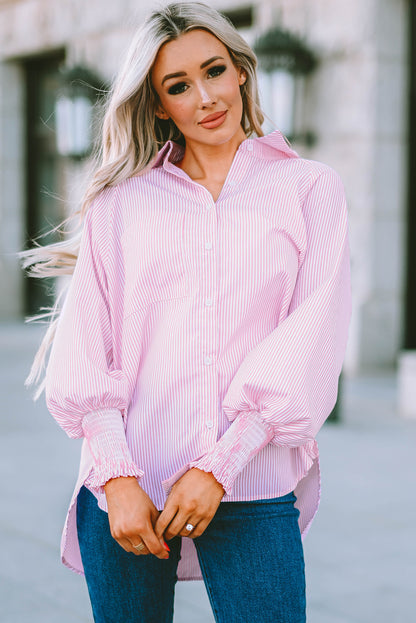 Black Striped Casual Shirred Cuffs Shirt - Cowaa