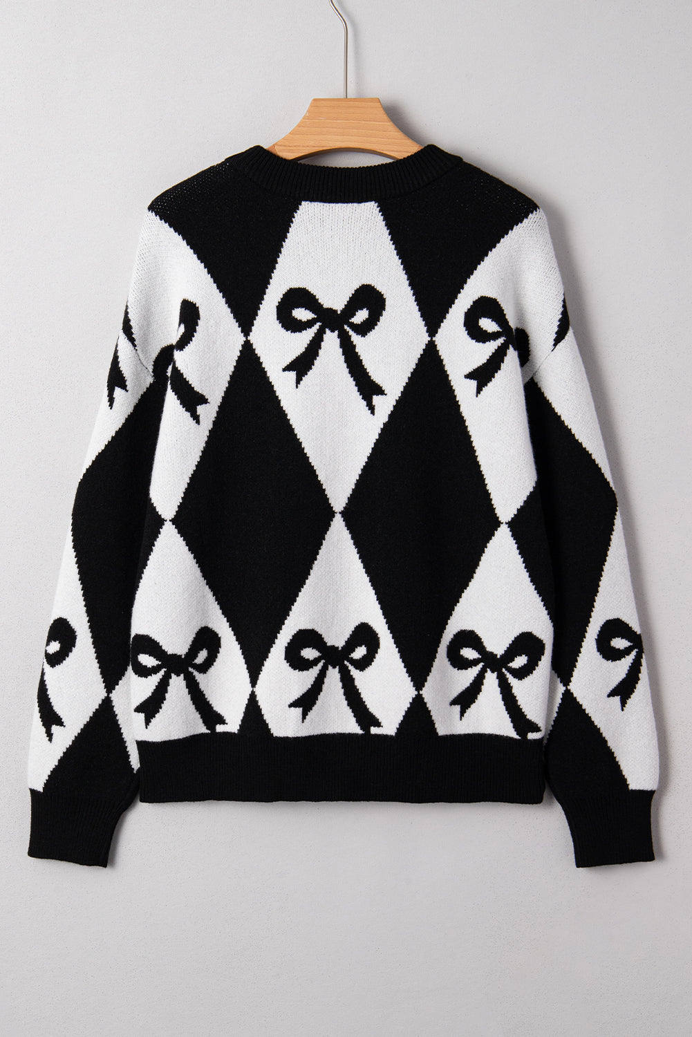 Black Bow Pattern Colorblock Rhombus Knit Loose Sweater - Cowaa