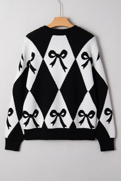 Black Bow Pattern Colorblock Rhombus Knit Loose Sweater - Cowaa