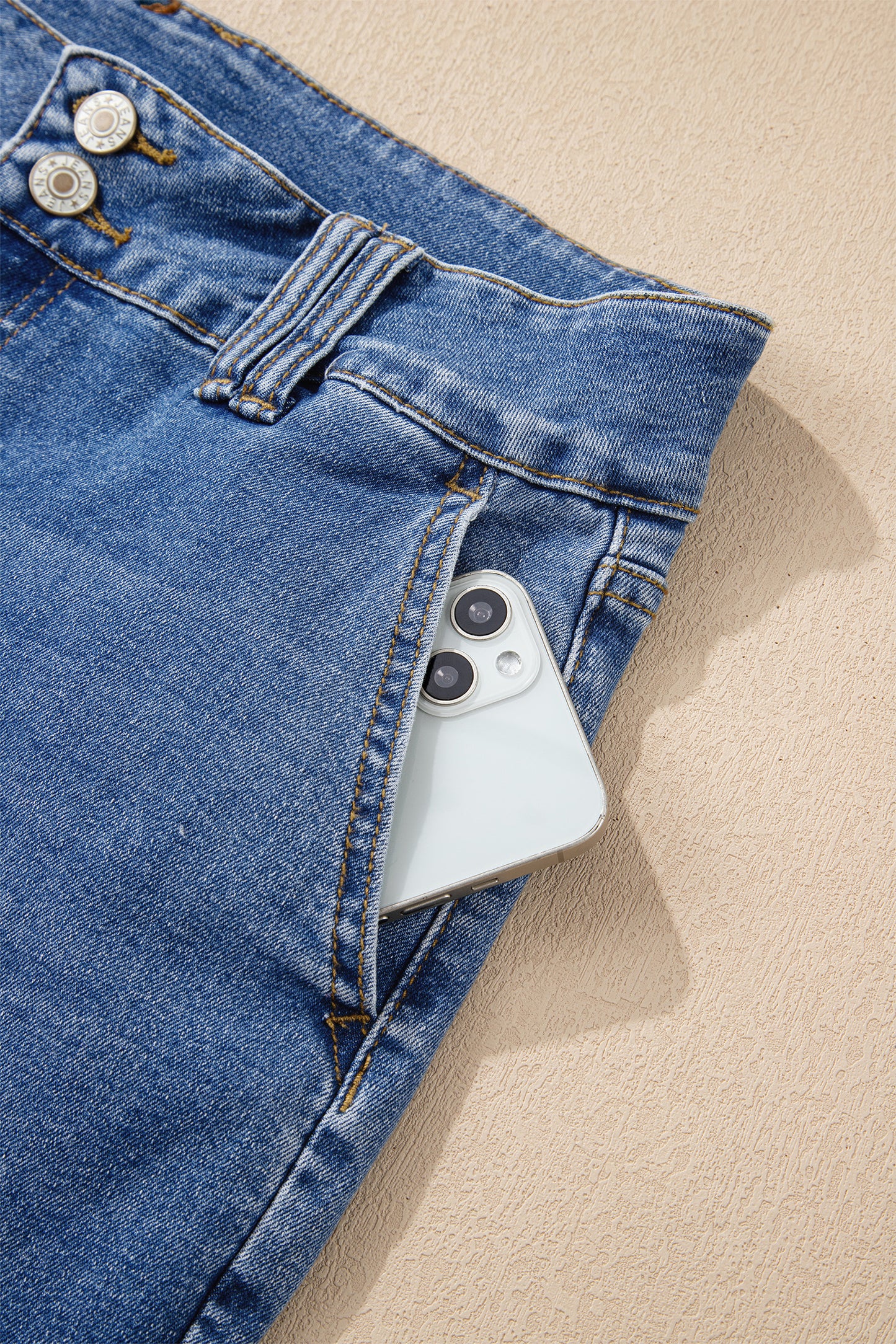 Sky Blue Double Button Zip Fly Straight Leg Jeans - Cowaa