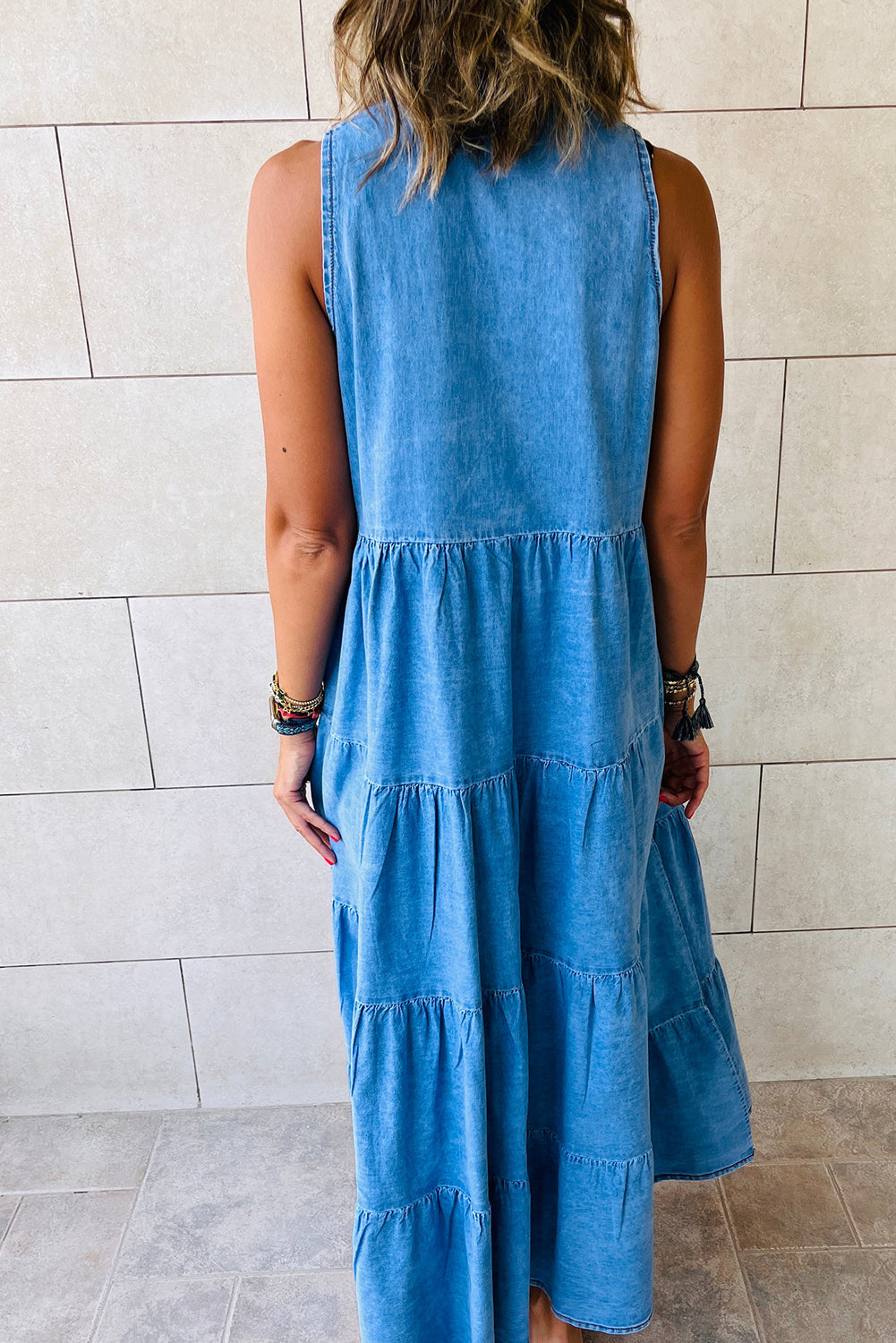 Real Teal Sleeveless Tiered Chambray Maxi Dress - Cowaa