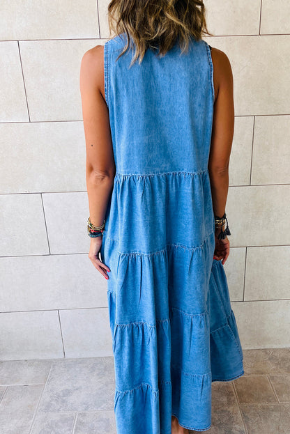 Real Teal Sleeveless Tiered Chambray Maxi Dress - Cowaa