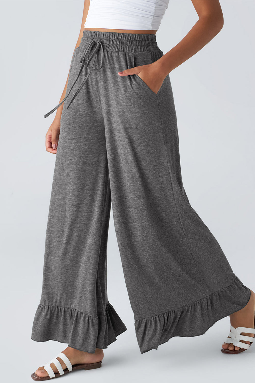 Dune Solid Color Ruffle Hem Wide Leg Pants - Cowaa