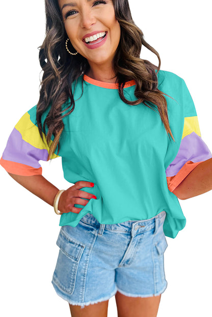 Green Color Block Sleeve Round Neck Oversize Top - Cowaa