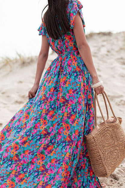 Blue Boho Floral Print V Neck Wrap Split Maxi Dress - Cowaa