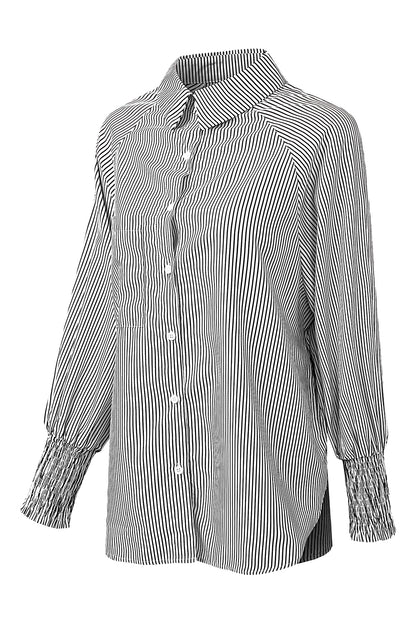 Black Striped Casual Shirred Cuffs Shirt - Cowaa