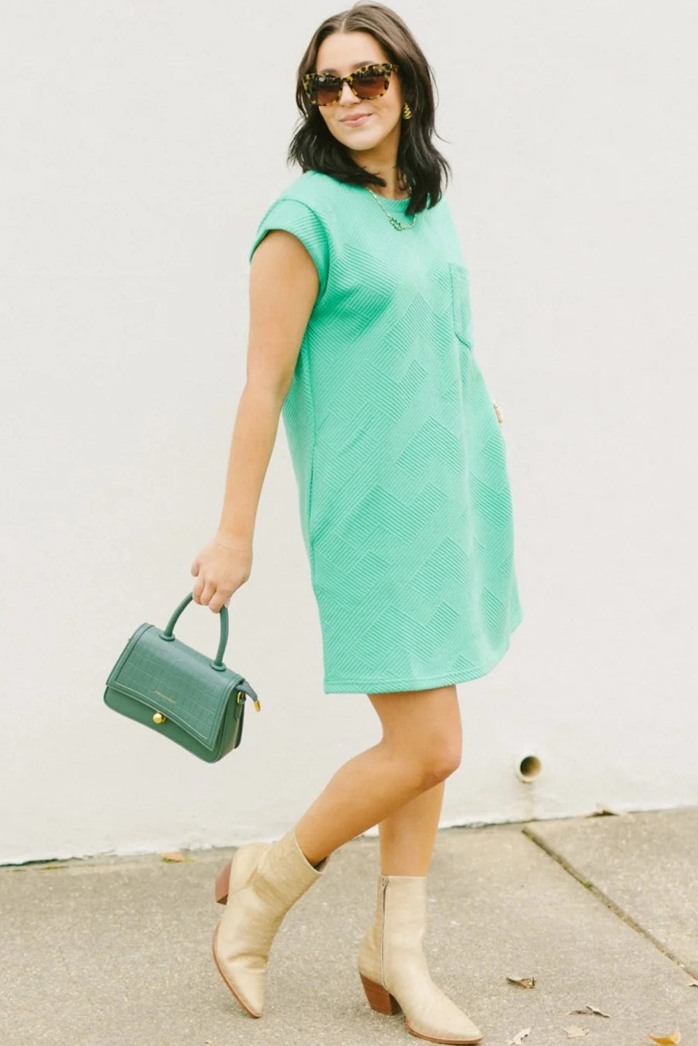 Mint Green Plain Textured Pocketed Mini Dress - Cowaa