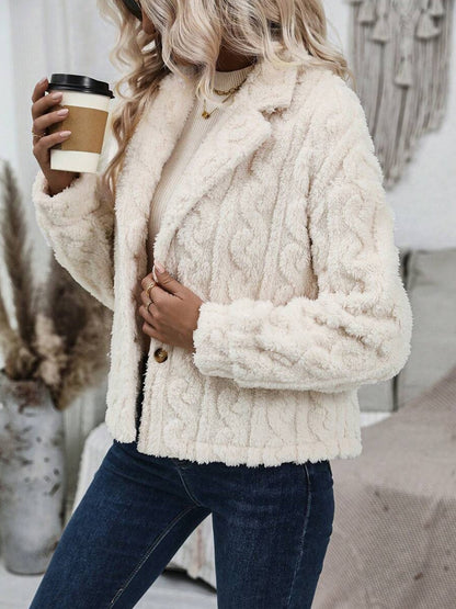 Cream Fuzzy Button Up Collared Neck Jacket