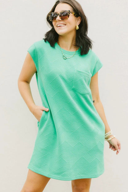 Mint Green Plain Textured Pocketed Mini Dress - Cowaa