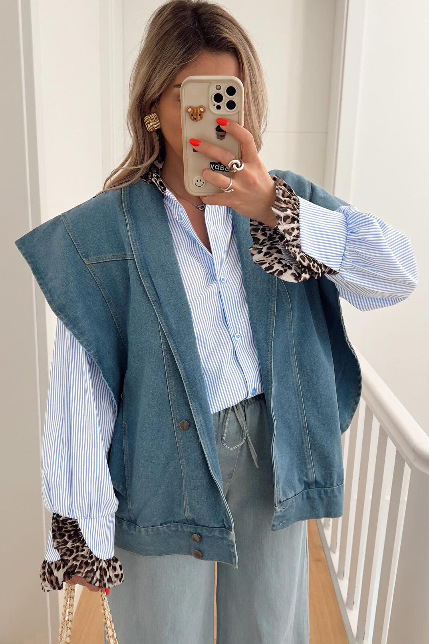 Sky Blue Stripe Ruffled Leopard Patchwork Long Sleeve Button Down Loose Shirt.