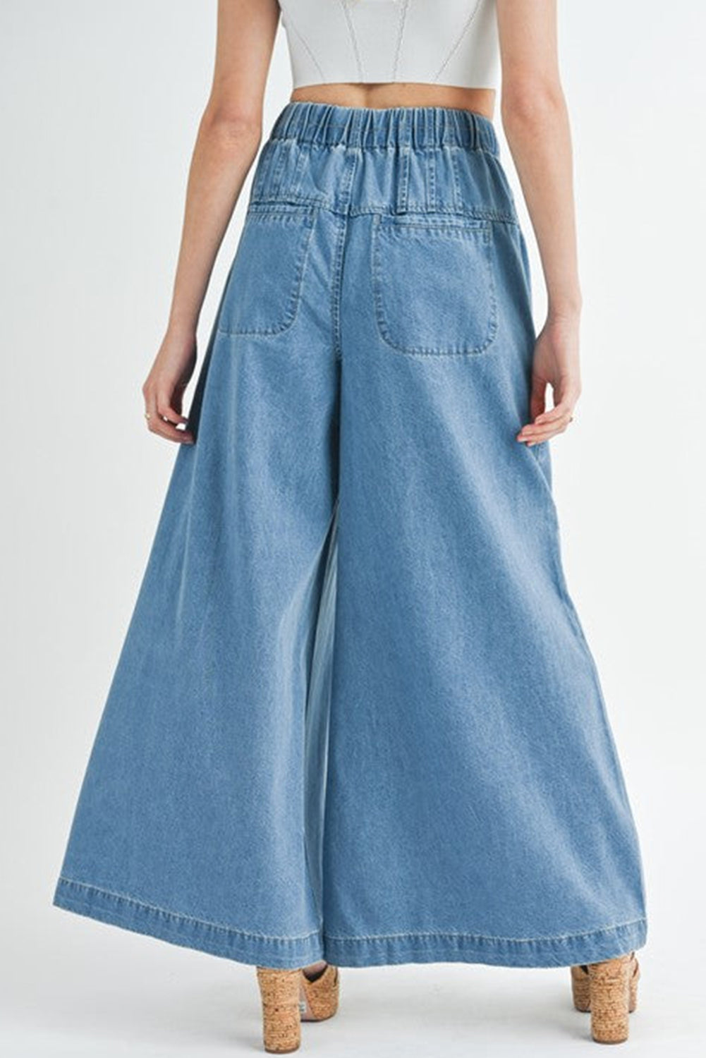 Dusk Blue Mineral Wash Button High Waist Wide Leg Jeans - Cowaa