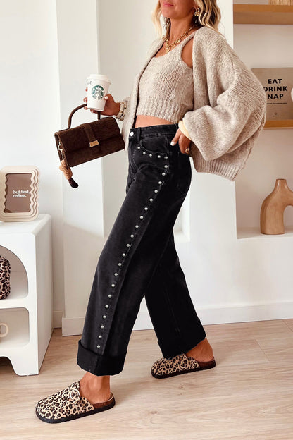 Navy Blue Studded Detail Straight Leg Casual Loose Jeans