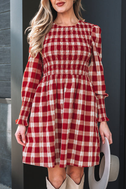 Red Plaid Print Smocked Puff Sleeve Mini Dress - Cowaa