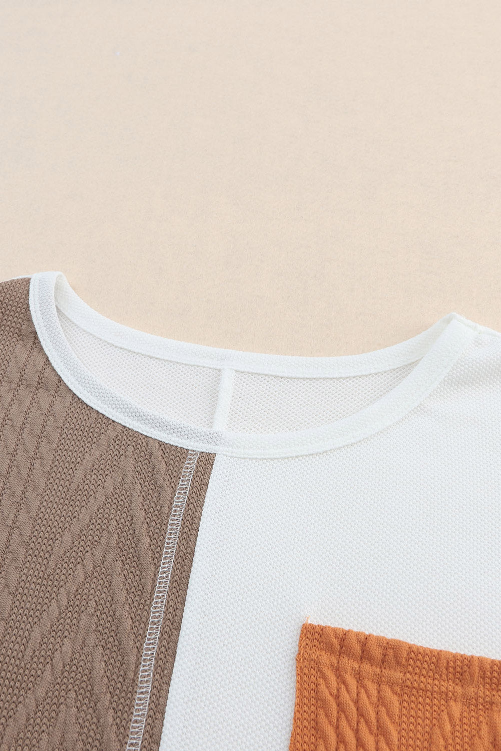 Long Sleeve Colorblock Chest Pocket Textured Knit Top - Cowaa