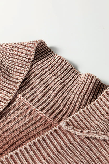 Chestnut Mineral Wash Exposed Seam Patchwork Knit Open Sweater Cardigan - Cowaa