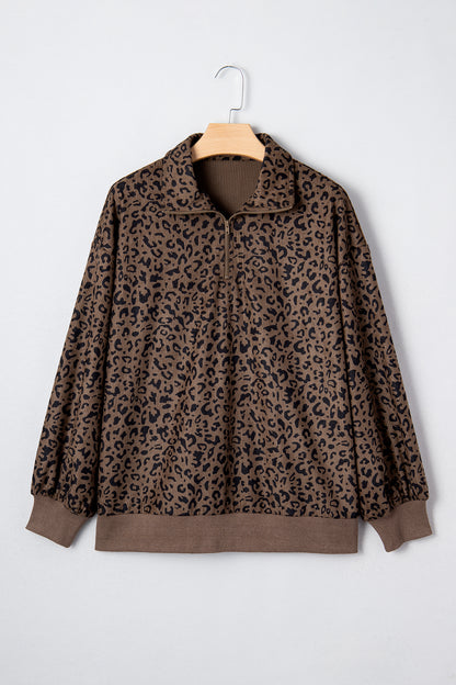 Brown Leopard Print Quarter Zip Corduroy Sweatshirt