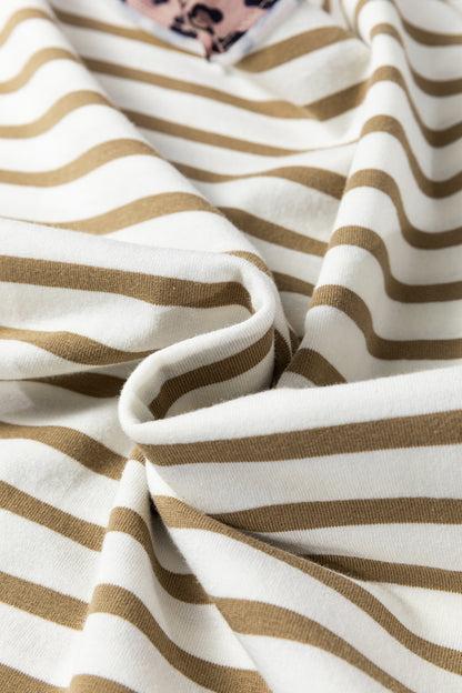 Khaki Stripe Leopard Patchwork Round Neck Loose T Shirt - Cowaa