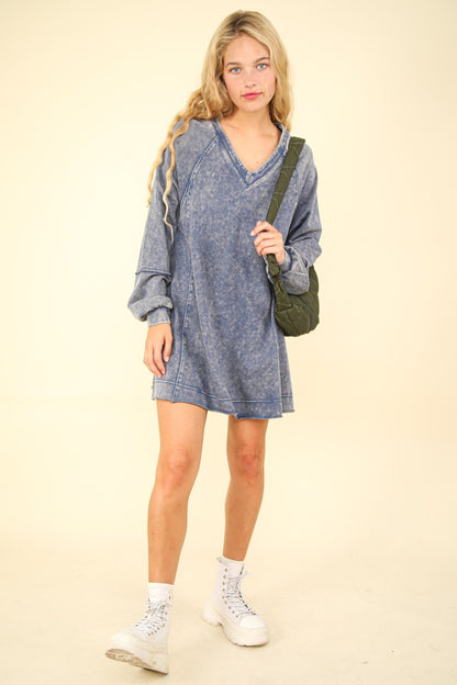 Mineral Washed Oversized A-Line Mini Dress - Cowaa