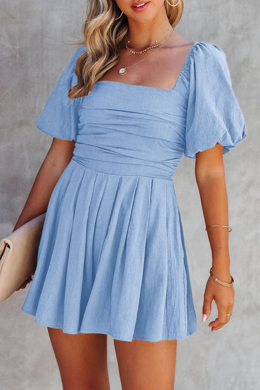 Sky Blue Square Neck Ruched Puff Sleeve Romper