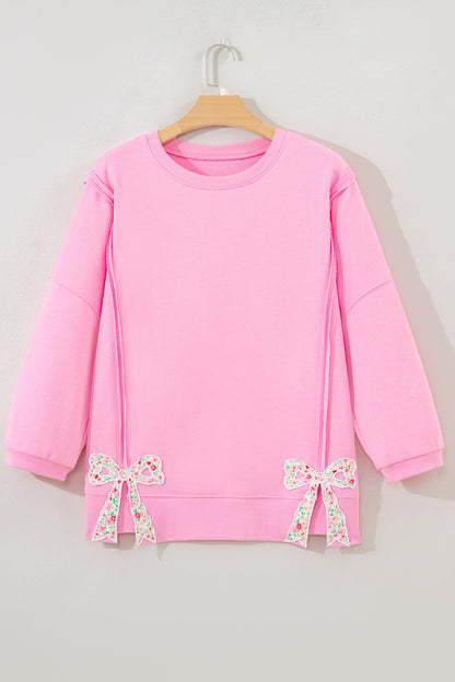 Pink Floral Bow Patched Exposed Seam Patchwork Slit Baggy Sweatshirt - Cowaa