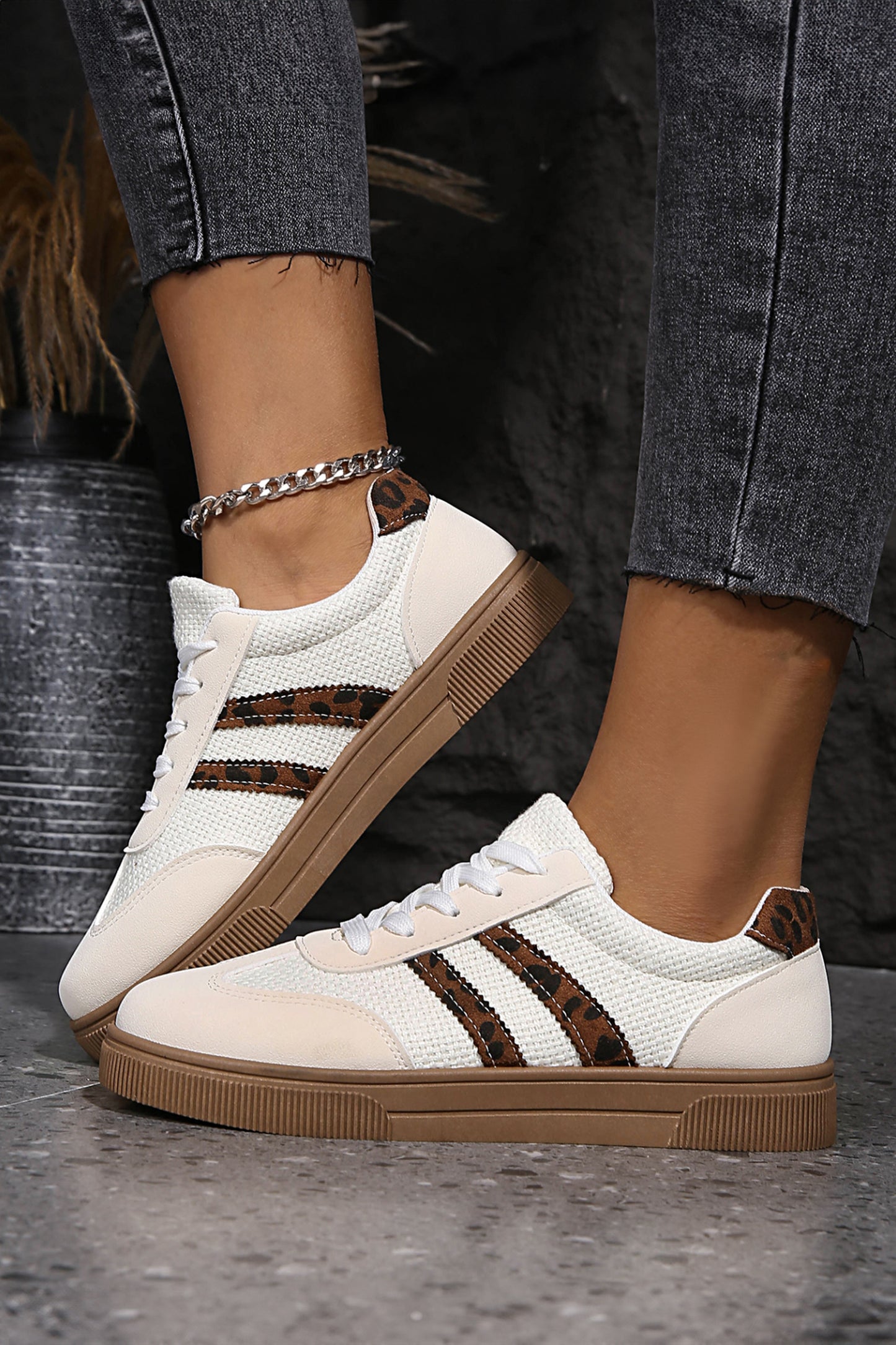 White Textured Woven PU Leather Leopard Patchwork Flat Sneakers