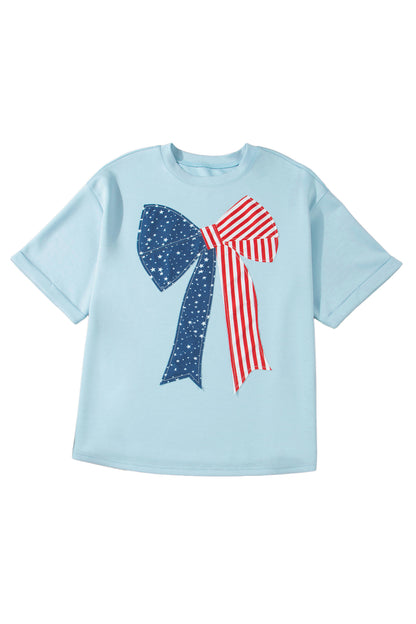 Beau Blue Plus Size Patriotic Bow Patchwork Graphic T-Shirt