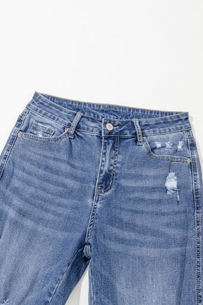 Dusk Blue High Rise Ripped Distressed Hem Flared Jeans - Cowaa