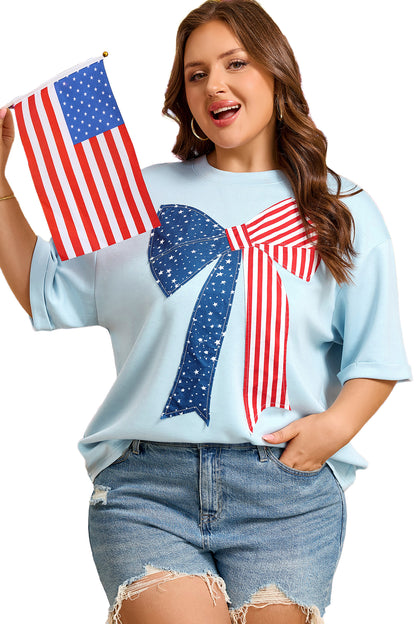 Beau Blue Plus Size Patriotic Bow Patchwork Graphic T-Shirt
