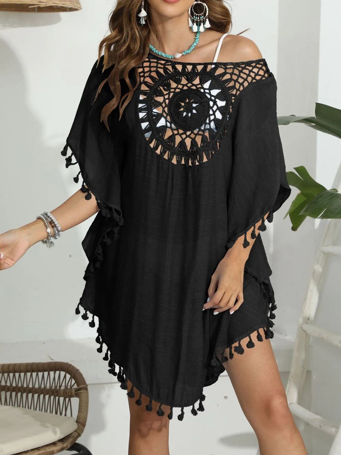Tassel Crochet Round Neck Cover-Up.