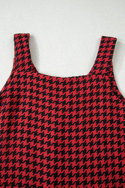 Red Houndstooth Print V Neck Sleeveless Mini Dress - Cowaa
