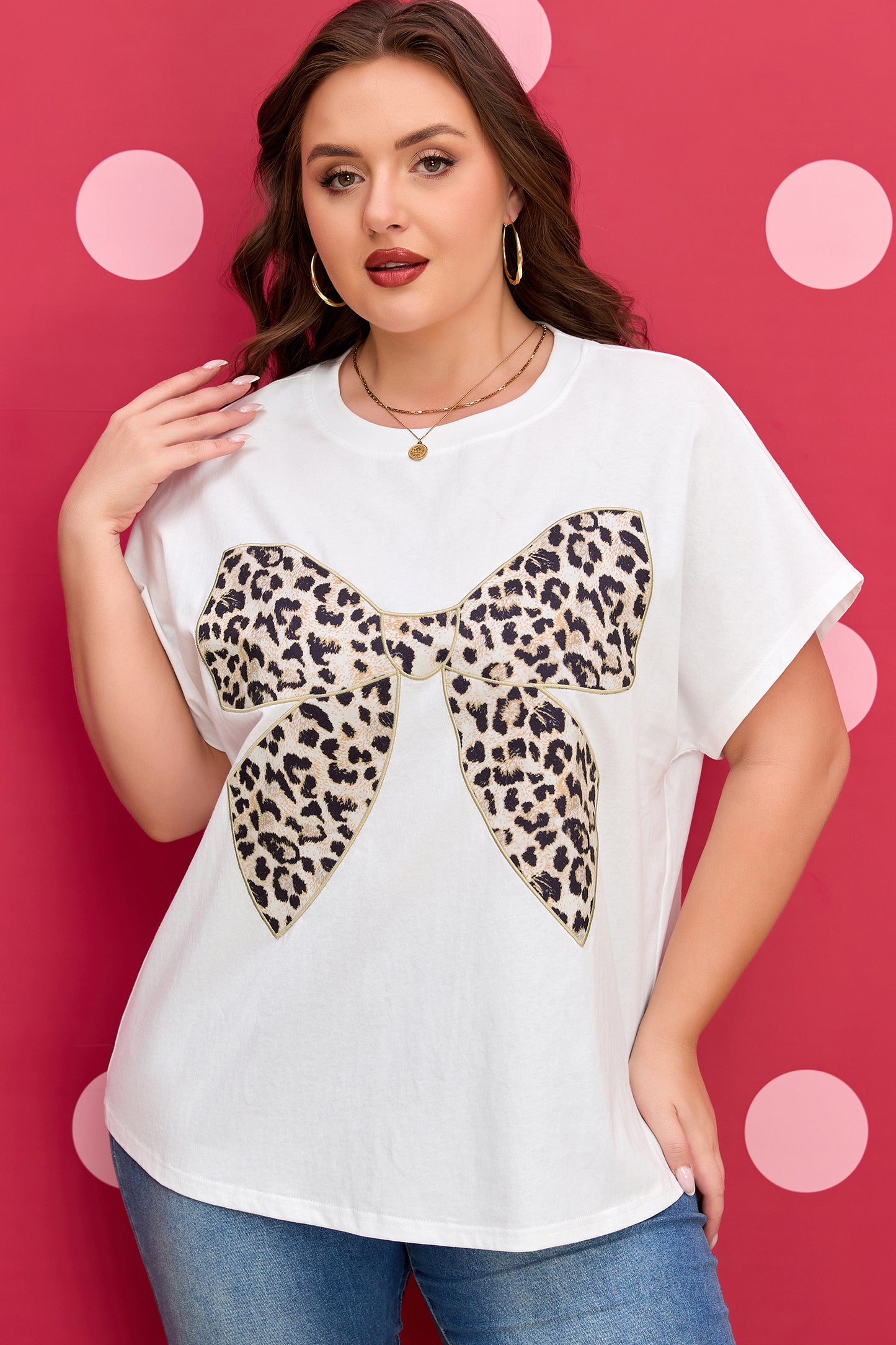 White Plus Size Leopard Bow Embroidered Patch Casual T Shirt