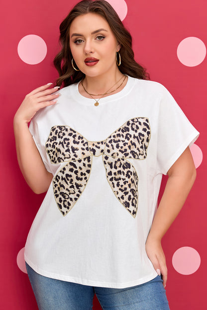 White Plus Size Leopard Bow Embroidered Patch Casual T Shirt