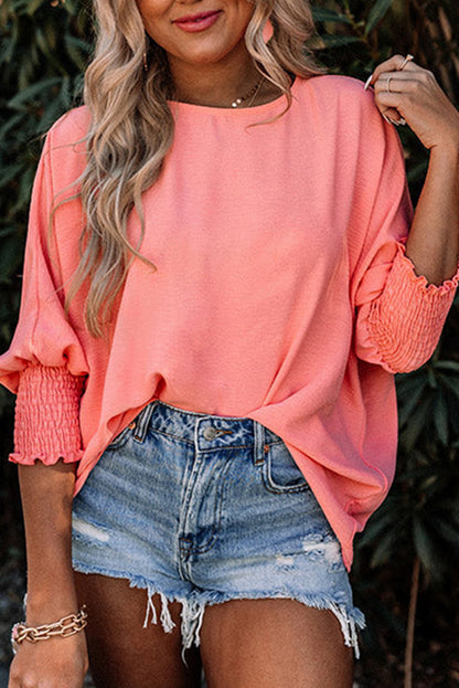 Apricot Solid Casual Smocked Cuffs Batwing Sleeve Blouse - Cowaa