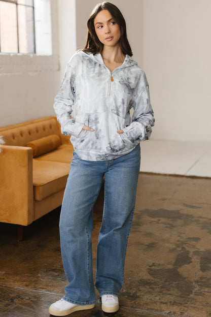 Gray Camo Leaf Print Kangaroo Pocket Quarter Zip Hoodie - Cowaa