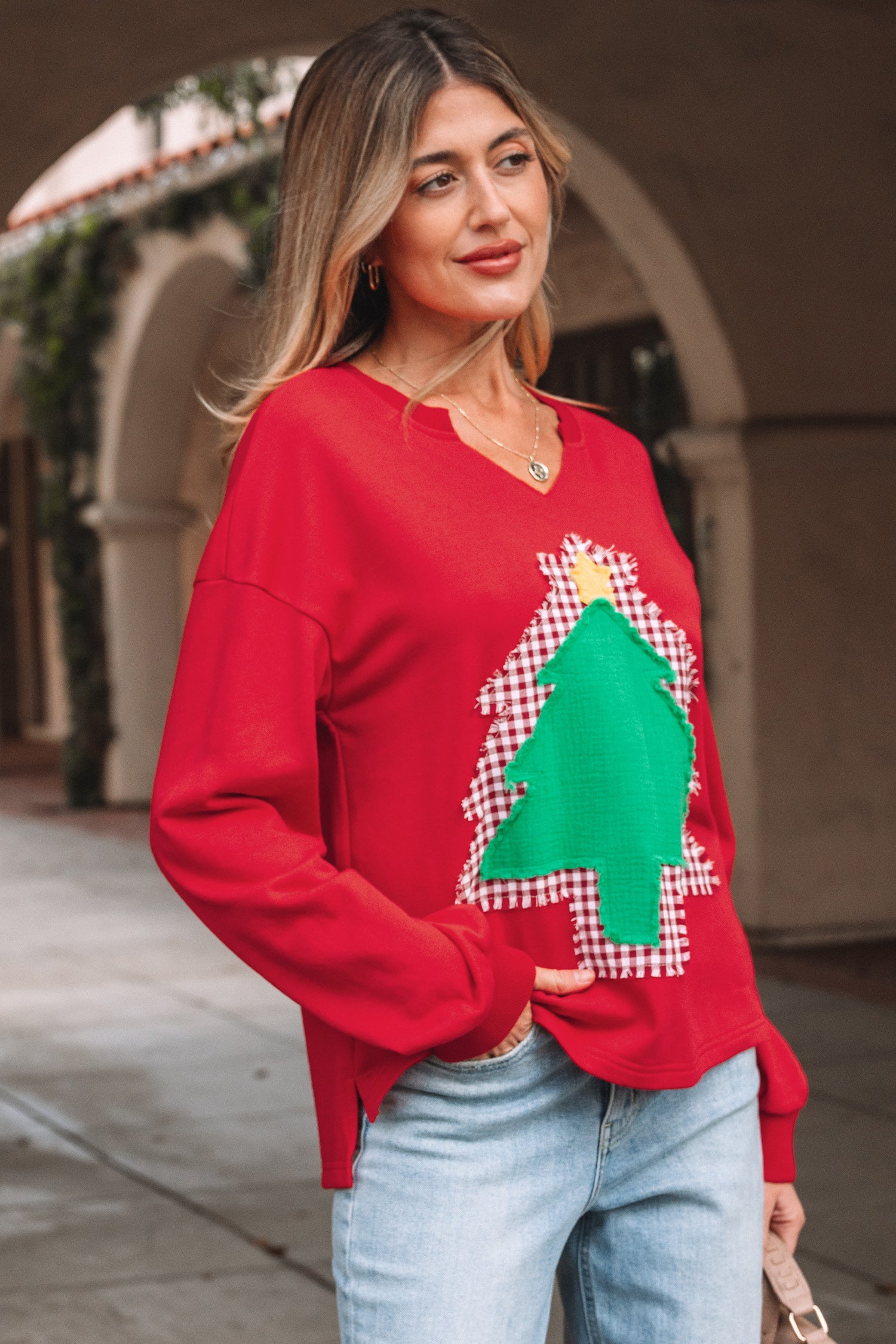 Fiery Red Plaid Frayed Double Christmas Tree Patched Drop Shoulder Sweatshirt - Cowaa