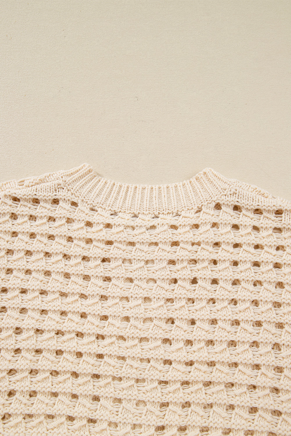 Beige Hollowed Pattern Knit Zip Up Drop Shoulder Sweater Cardigan