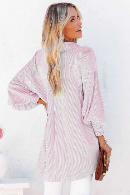 Black Striped Casual Shirred Cuffs Shirt - Cowaa